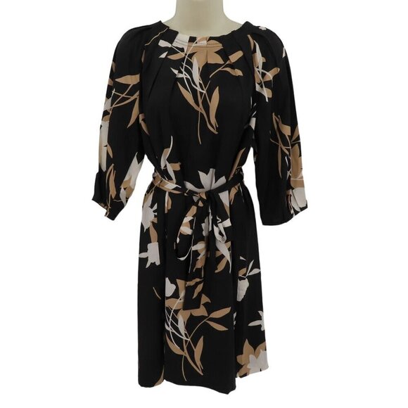Ann Taylor Dresses & Skirts - Ann Taylor Womens Medium Pleated Neck Tan Black Floral Flower Print Shift Dress